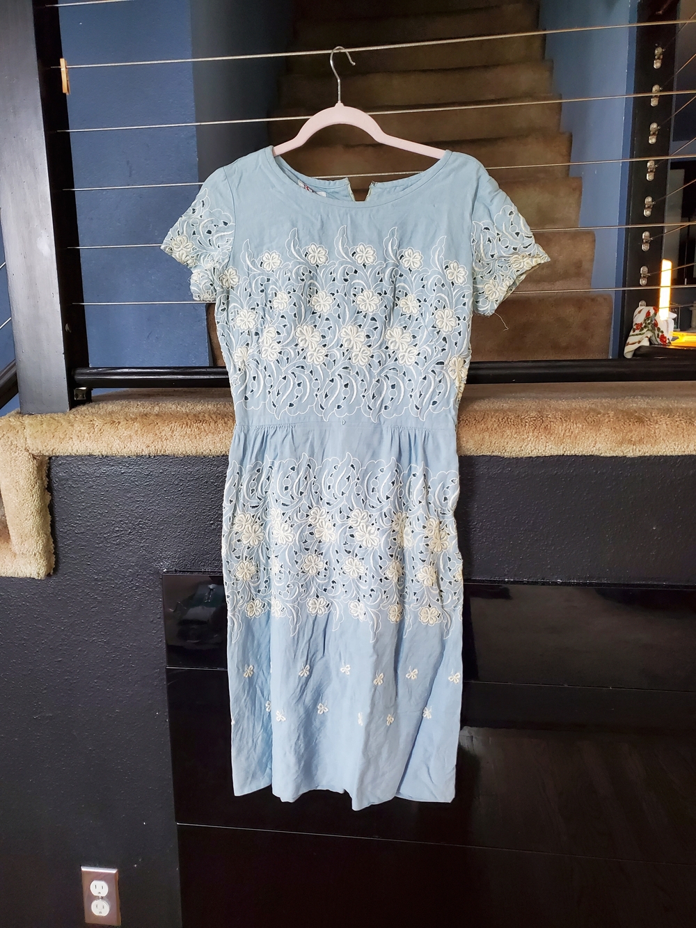 Light Blue Midi Dress with Cream Cutwork Details